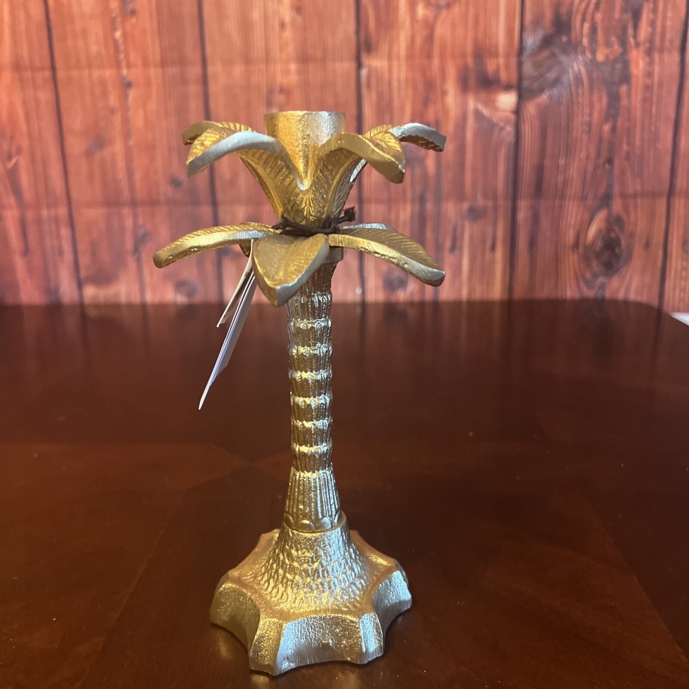 Palm Tree Candlestick aluminum with a shining gold finish 8.75" 8 Oak Lane